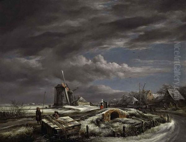 A Winter Landscape With With Figures On A Path, A Footbridge And Windmills Beyond (after Jacob Van Ruisdael) - view 1