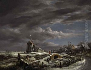 A Winter Landscape With With Figures On A Path, A Footbridge And Windmills Beyond (after Jacob Van Ruisdael)