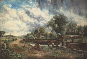 View On The Stour Near Dedham With Flatford Lock And Old Bridge by John Constable