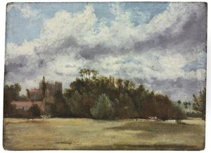 A Wooded Landscape With Cattle, Buildings To The Left
