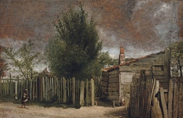 A Wooden Building With A Figure By A Fence - view 1