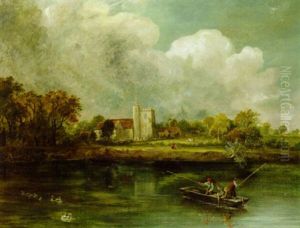 Anglers On A River With A Church Beyond