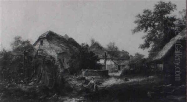 Woman Fetching Water By A Mill, Farm Buildings To Background - view 1