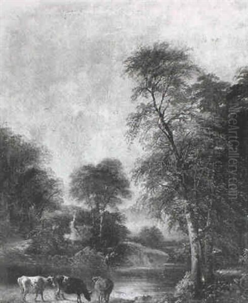 Cattle Watering With Anglers And A Cottage Beyond - view 1