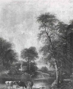 Cattle Watering With Anglers And A Cottage Beyond by John Constable