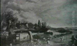 A River Landscape With Barges Passing Through A Lock by John Constable