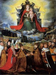 La Vierge, Assise Sur Un Trone Et Presentant L'enfant Jesus, Dominant Une Assemblee De Prelats Et Souverains Precedee Du Pape Et De L'empereur by Raymond (Remy) Constant