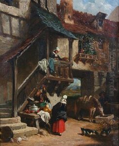 Continental Scene With Figures And Stall By A Gateway