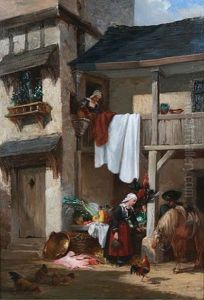 A Continental Street Scene With Maids At A Market Stall By A House by Auguste Aristide Fernand Constantin