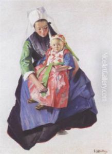 Mother And Child At Plougastel In Brittany by Virgilio Constantini