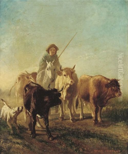 Jeune Garcon Avec Son Chien Et Son Troupeau De Vaches - view 1