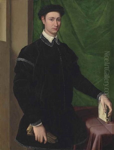 Portrait Of A Gentleman In A Black Fur-trimmed Doublet With A White Collar, Wearing A Black Cap, A Pair Of Gloves In His Right Hand, His Left Hand Resting On A Book, Before A Green Curtain - view 1