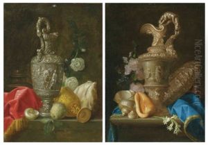 An Ornate Silver Ewer, A Gilt Chalice, Shells And A Quince, On A Partly-draped Stone Ledge; And An Ornate Silver Ewer, A Silver Basin With The Judgement Of Paris, Shells And Flowers, On A Partly-draped Stone Ledge