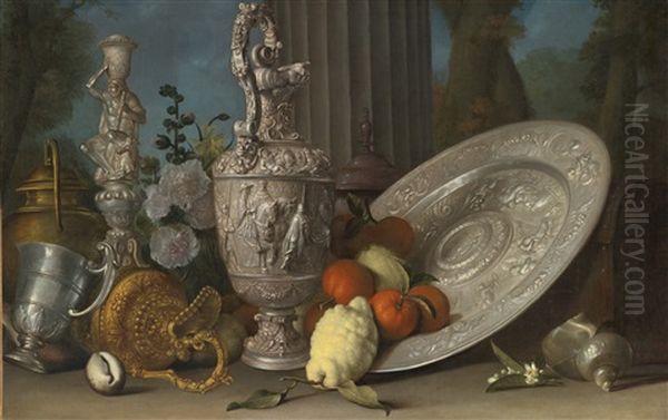 Still Life With Hercules Candlestick, Silver Gilt Ewer, Lemons And Oranges On A Sideboard Dish, Nautilus Shell, And Other Objects Arranged On A Ledge With A Column Beyond - view 1