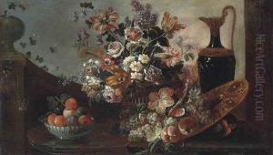 Parrot Tulips, Carnations, Roses, Aquilegia And Other Flowers In A Woven Basket, A Ewer And Peaches And Grapes On A Gilt Platter by Meiffren Conte