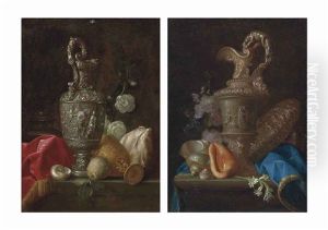 An Ornate Silver Ewer, A Gilt Chalice, Shells And A Quince, On A Partly-draped Stone Ledge (+ An Ornate Silver Ewer, A Silver Basin With The Judgement Of Paris, Shells And Flowers, On A Partly-draped Stone Ledge; Pair) by Meiffren Conte