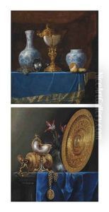 A Nautilus Cup, 17th Century Chinese Porcelain Vases, Grapes, A Pewter Chalice... (+ A Nautilus Cup, A Gilded Ewer, Tulips In A Vase...; Pair) A Nautilus Cup, 17th Century Chinese Porcelain Vases, Grapes, A Pewter Chalice... (+ A Nautilus Cup, A Gilded Ewer, Tulips In A Vase...; Pair)