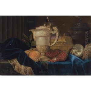 A Still Life With An Ornate Silver Gilt Ewer, A Silver Gilt Jewellery Casket, Shells, Oranges And A Pomegranate, All Arranged On A Partly Draped Stone Ledge by Meiffren Conte
