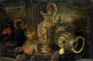 Nature Morte Aux Pieces D'orfevrerie, Montre Et Perroquet by Meiffren Conte