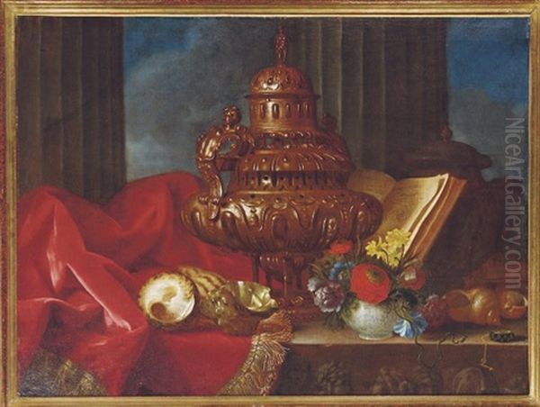 Still Life With A Silver Vessel, Flowers And Shells On A Table - view 1