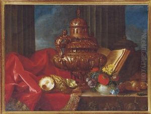 Still Life With A Silver Vessel, Flowers And Shells On A Table by Meiffren Conte