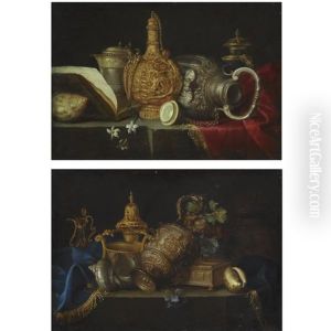 A Still Life With A Shell, Sculpted Jars And A Flower, All On A Partly Draped Stone Ledge (+a Still Life With Two Shells, Sculpted Jars And Flowers, All On A Partly Draped Stone Ledge; Pair) by Meiffren Conte