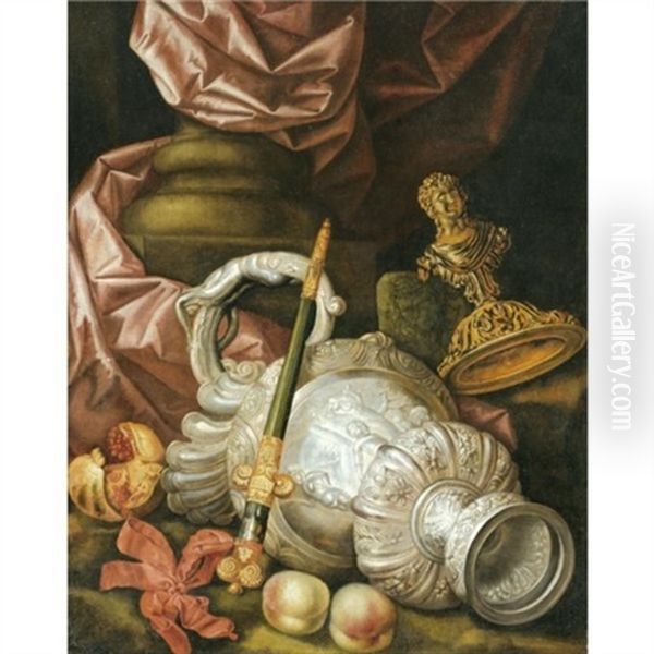 A Still Life With Silver Vessels, A Gold Encrusted Dagger, A Pomegranate And Peaches - view 1