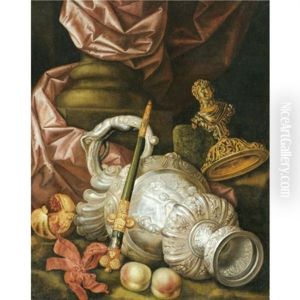 A Still Life With Silver Vessels, A Gold Encrusted Dagger, A Pomegranate And Peaches by Meiffren Conte