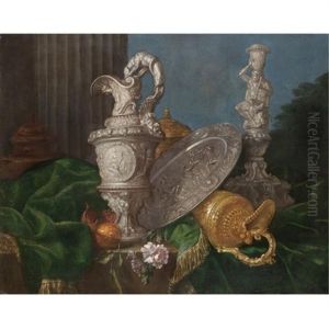 A Still Life With Elaborate Silver And Gold Jugs, A Silver Platter Representing The Judgement Of Paris, A Candlestick With Hercules And Various Fruit All Arranged On A Partly Draped Table by Meiffren Conte