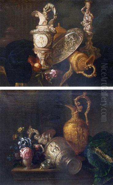 Nature Morte Aux Aiguieres, Plat Ovale Et Flambeau D'hercule (+ Nature Morte A L'aiguiere Et Au Vase De Fleurs, Smaller; Pair) - view 1
