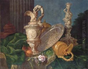 A Pair Of Ornate Silver Ewers, A Silver Basin With The Judgement Of Paris And A Candlestick Incorporating A Seated Hercules On A Draped Table