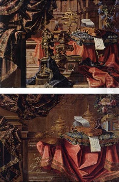 Still Life With Various Gilt Objects, Violins Resting On Embroidered Cushion, Sheet-music And Other Objects Resting On Tables - view 1