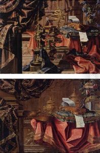 Still Life With Various Gilt Objects, Violins Resting On Embroidered Cushion, Sheet-music And Other Objects Resting On Tables by Meiffren Conte