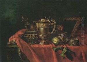 A Still Life Of Orfevreries: A Silver Jewelry Casket, A Silver Ewer, A Silver Box, A Mirror With A Gold Frame