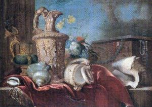 Still Life Of Silver Ewers, A Parcel Gilt Cup And Cover, Together With Shells, Flower And A Jewelry Box Upon A Partly Draped Stone Ledge by Meiffren Conte