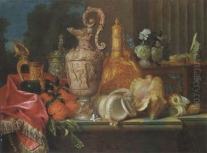 An Ornamental Silver Ewer, A Silver-gilt Cup And Cover, An Ornamental Stone And Gilt Flask, Shells, Flowers An D Other Objects On A Stone Ledge Against A Column, Wooded Landscape Beyond by Meiffren Conte