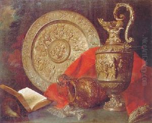 A Still Life Of Two Silver Late Renaissance Ewers, A Silver Plate, An Open Book, A Shell And A Red Cloth In A Landscape by Meiffren Conte