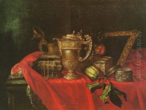 Nature Morte Aux Pieces D'orfevrerie Sur Un Entablement Recouvert D'une Draperie
