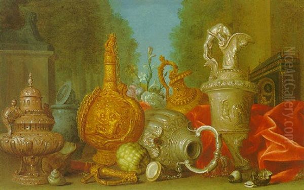 A Still Life Of Orfevreries: A Gilt Metal Incense Burner, Various Vessels And Shells, With A Landscape Beyond - view 1