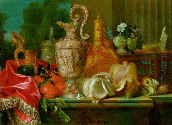 An Ornamental Silver Ewer And Other Objects On A Stone Ledge Against A Column, A Wooded Landscape Beyond - view 1