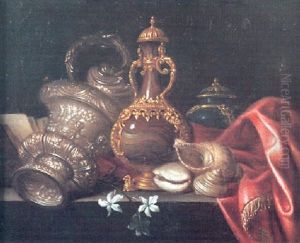 Nature Morte Aux Pieces D'orfevreries Et Coquillages Sur Un Entablement