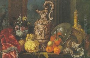 Nature Morte Aux Pieces D'orfevrerie, Bigarades, Citrons Et Bouquets De Fleurs Sur Un Entablement by Meiffren Conte