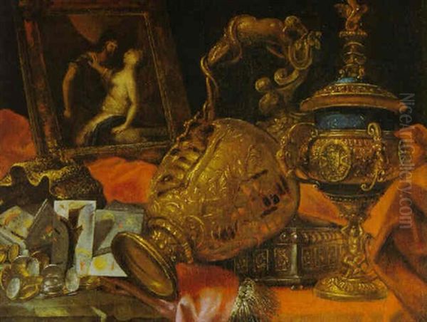 Stilleben Von Prunkgefasen, Gold- Und Silbermunzen, Sowie Einem Gemalde - view 1