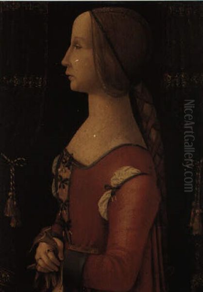 Portrait Of A Lady In Left Profile Between Green Velvet Curtains - view 1