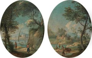 Paesaggio Con Lago E Barca E Paesaggio Con Fiume E Viandante by Paolo Anesi