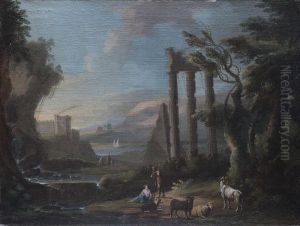 Paesaggio Con Pastori E Armenti Presso Un Corso D""acqua Con Rovine Antiche by Paolo Anesi