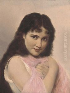Portrait Of A Young Woman With Long Dark Hair, In Pink And White