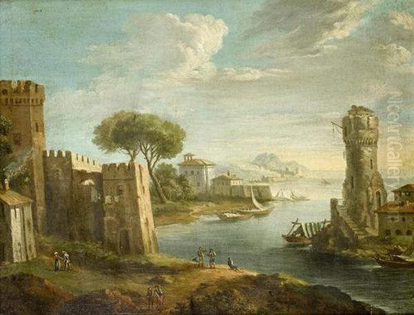 Figures On A Shore Before An Italianate River Landscape With Buildings In The Distance And Mountains On The Horizon - view 1
