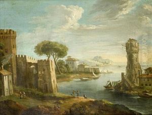 Figures On A Shore Before An Italianate River Landscape With Buildings In The Distance And Mountains On The Horizon