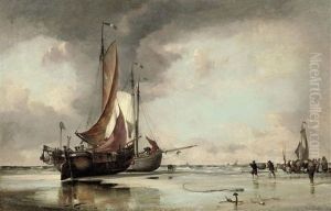 Dutch Pincks Beached On The Shore At Scheveningen With Fishermen Unloading The Day's Catch by Edward William Cooke